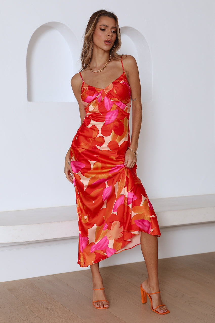Having Fun Satin Midi Dress Red
