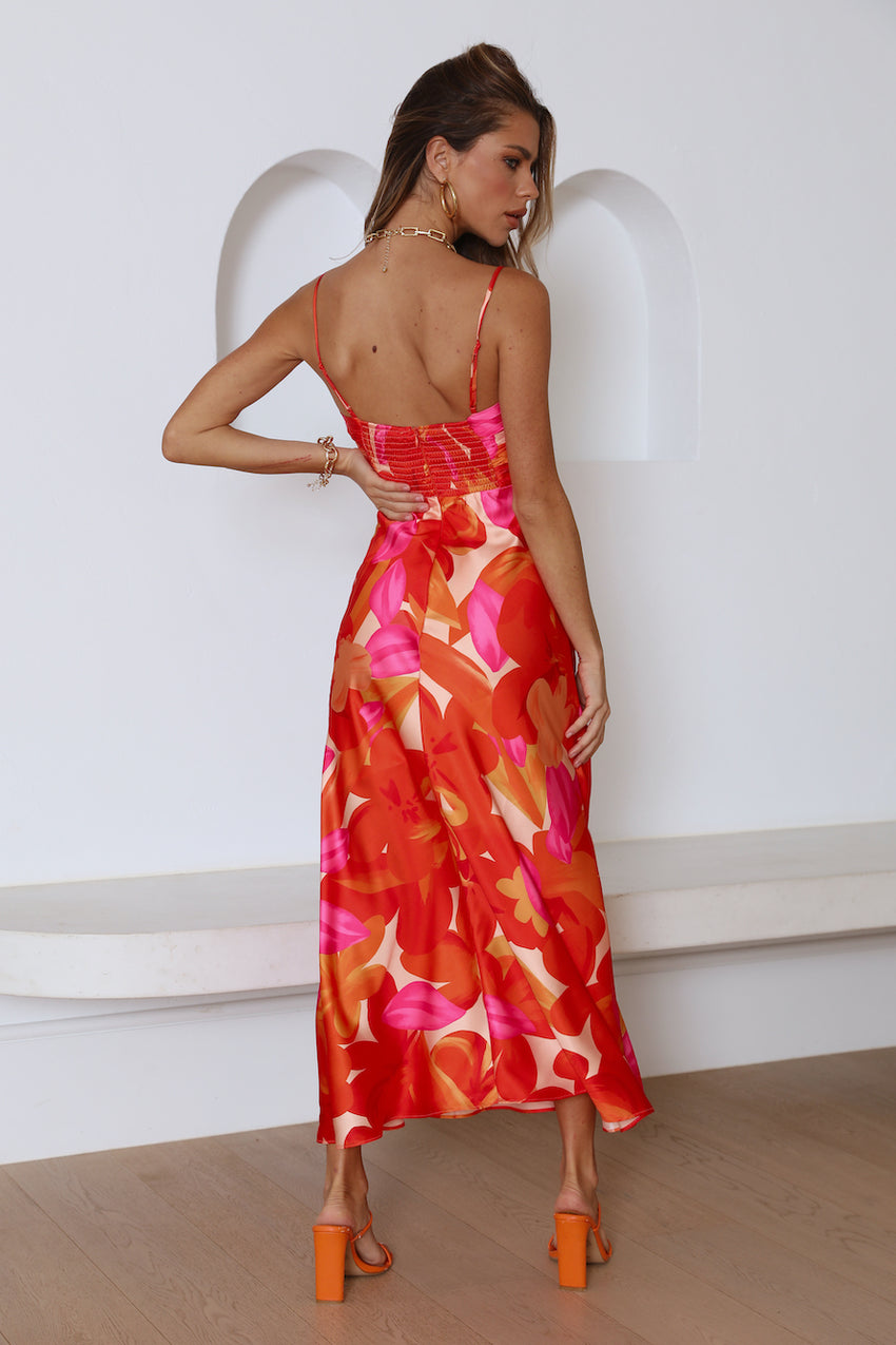 Having Fun Satin Midi Dress Red
