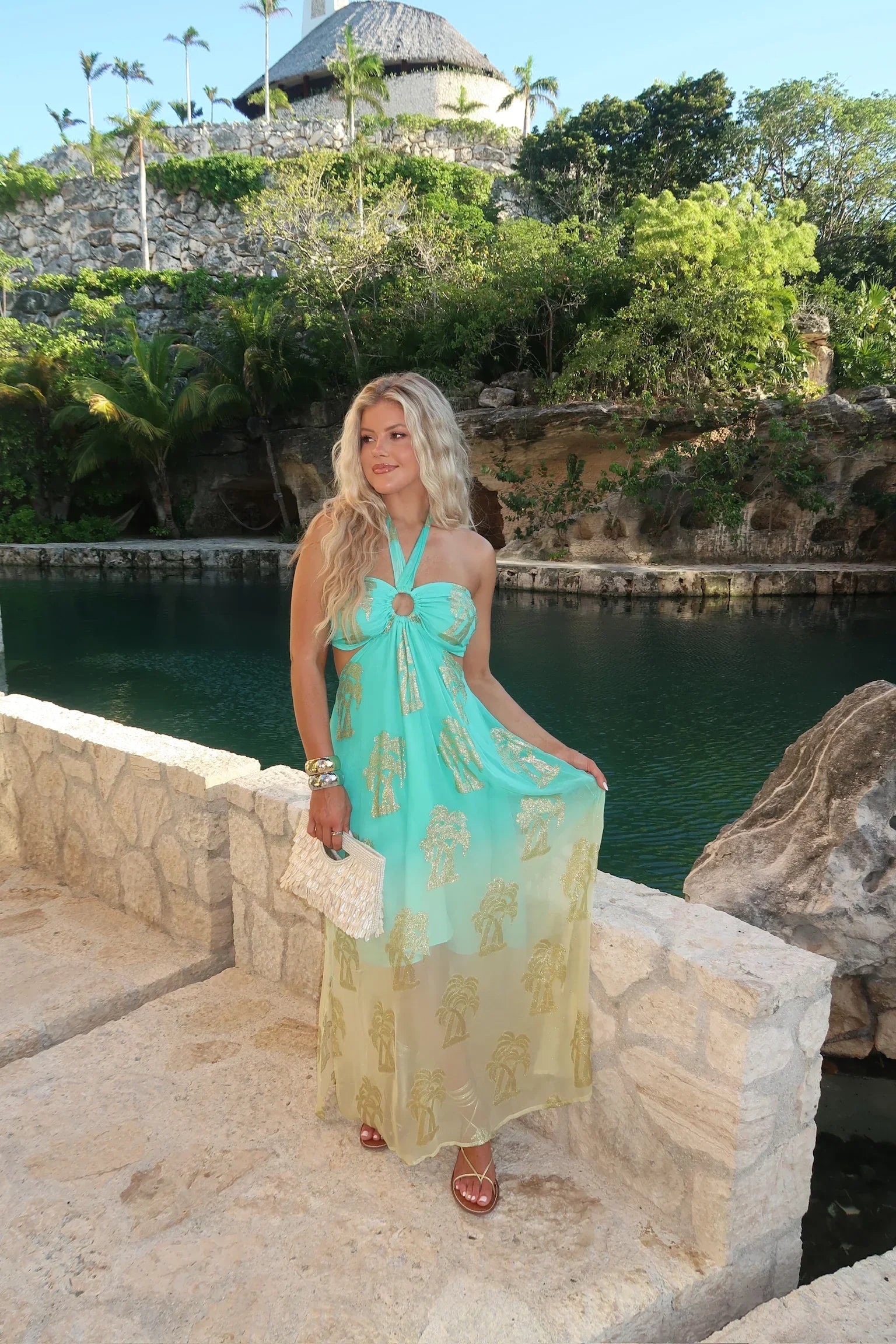 Brianna Halter Dress-Aqua/Gold