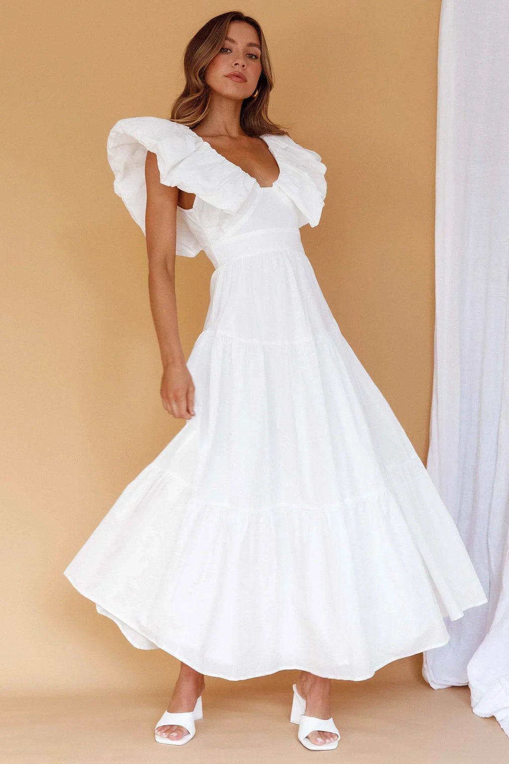 Kahlo Puffed Ruffle Neckline Maxi Dress White