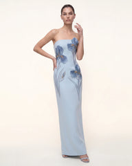 Iris Embroidered Strapless Maxi Dress - Light Blue