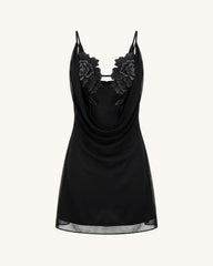 Flower Embroidered Cowl Neck Mini Dress - Black
