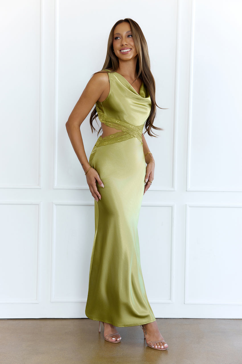 City Silhouette Satin Maxi Dress Olive