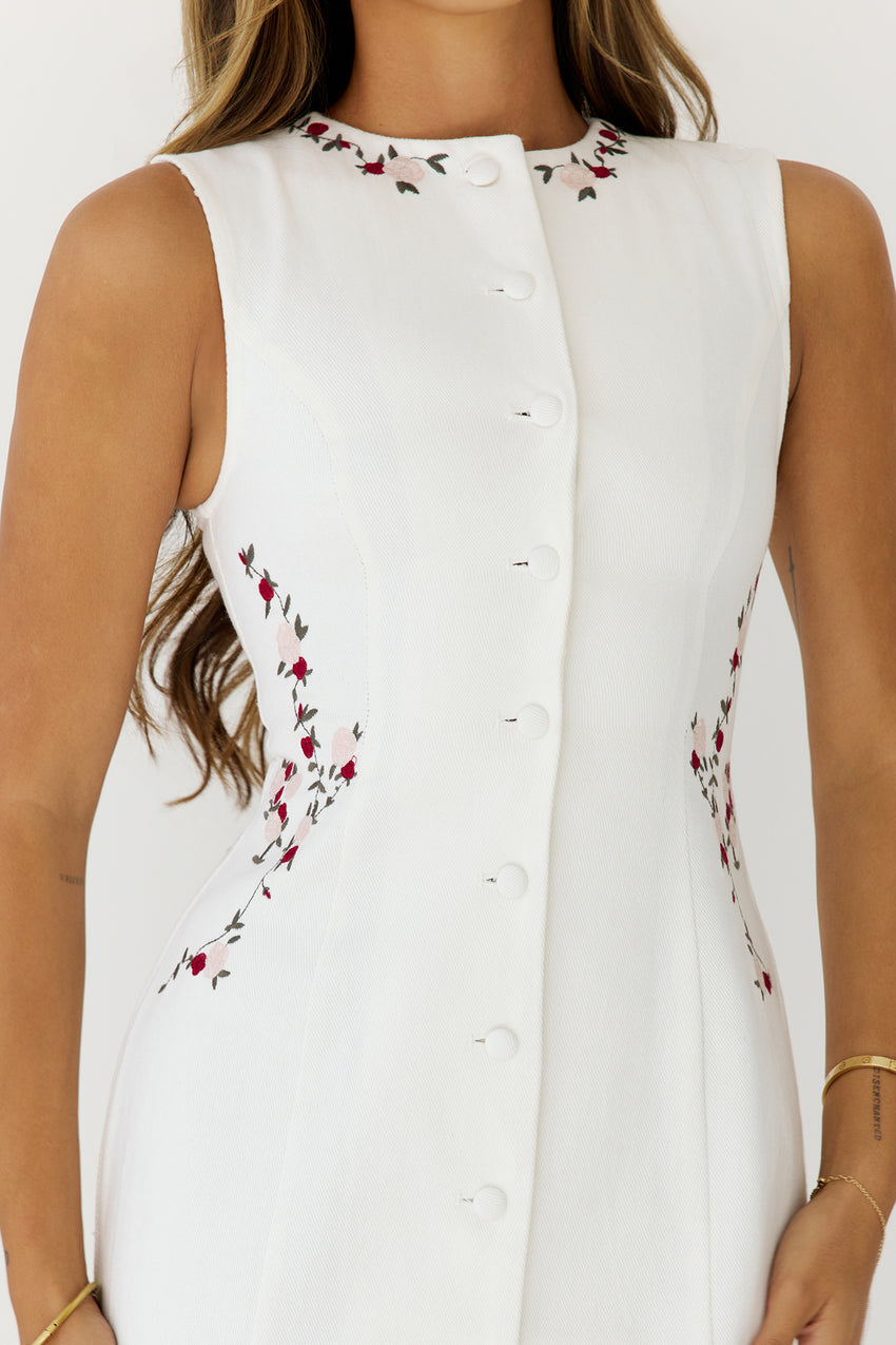 Floral Embroidered Button Tie Back Mini Dress White