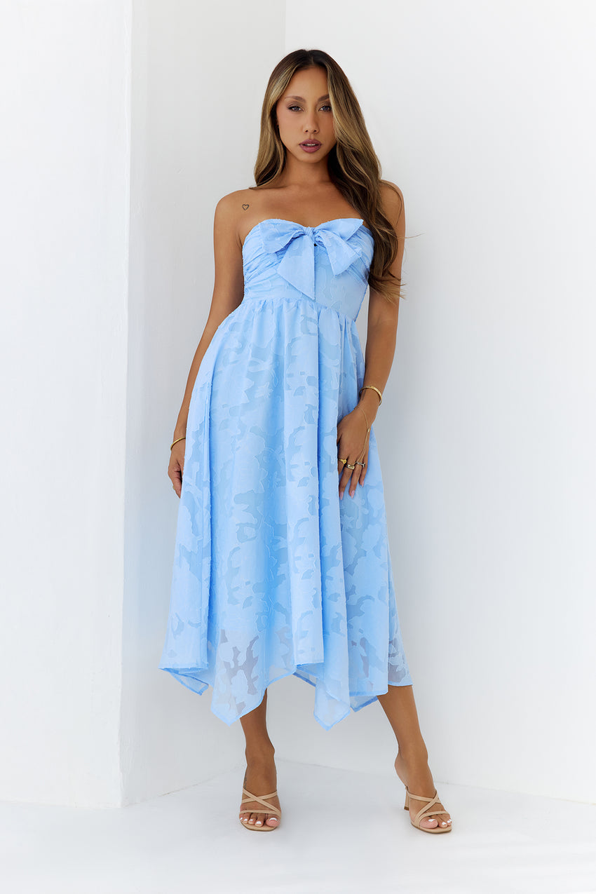 Charming Bow Textured Strapless Midi Dress Blue