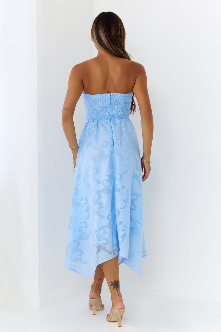 Charming Bow Textured Strapless Midi Dress Blue
