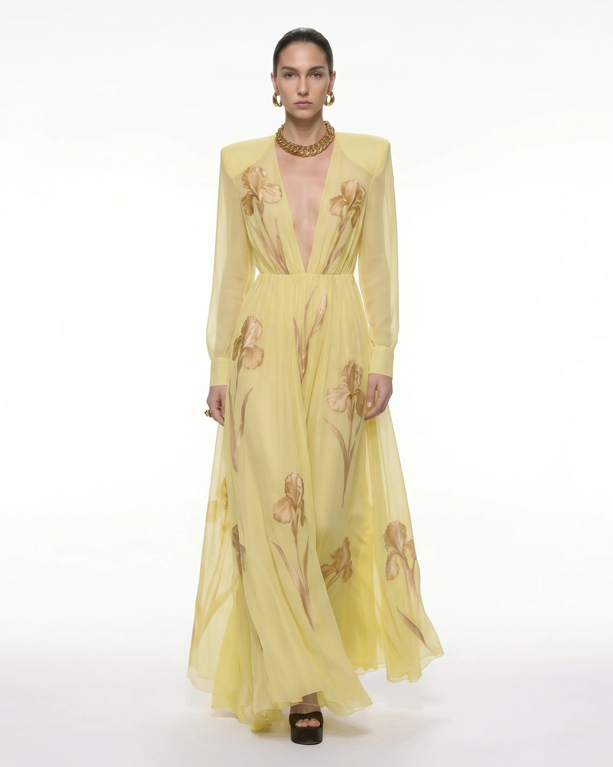 Iris Floral Print Long-Sleeve Sheer Gown - Yellow