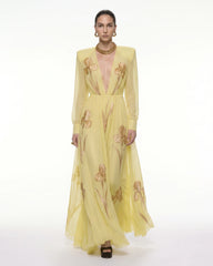 Iris Floral Print Long-Sleeve Sheer Gown - Yellow