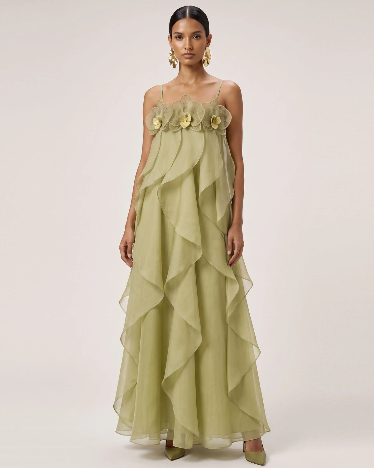 Orchid Embroidered Organza Maxi Dress - Light Green