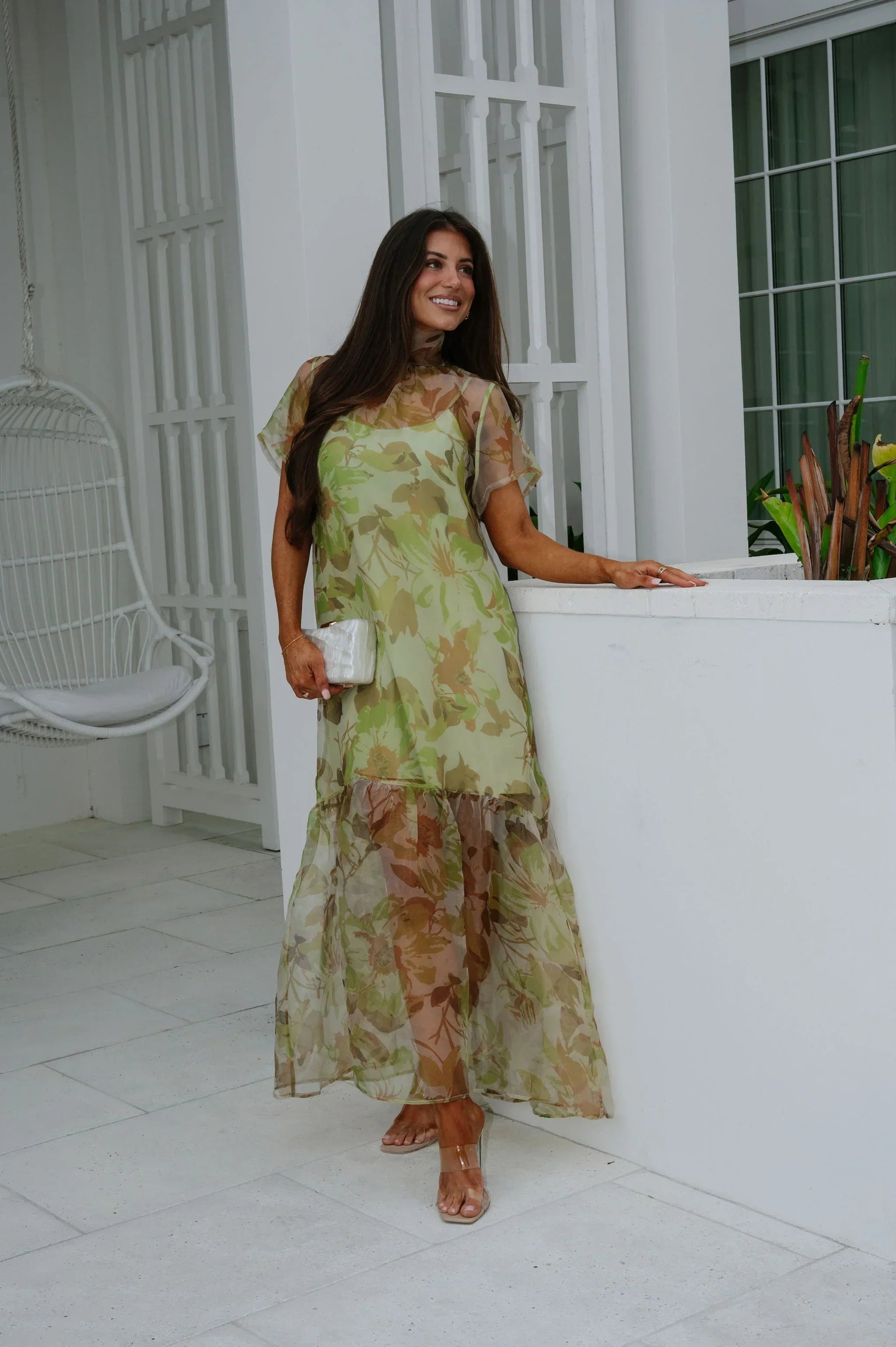 Josie Floral Organza Maxi Dress-Green Multi