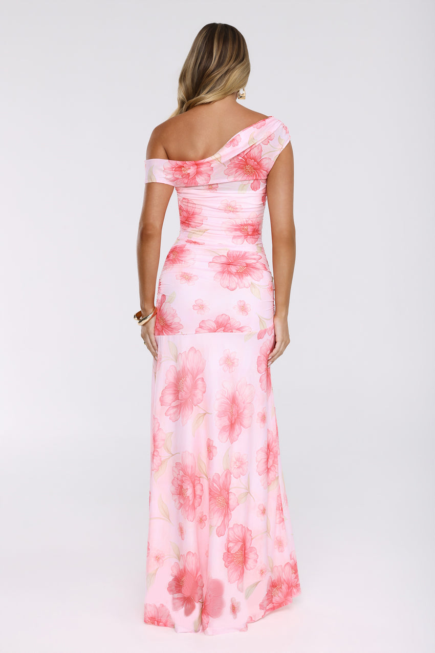 Florals Like You Off Shoulder Mesh Maxi Dress Pink