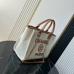 CC Deauville Tote Bag White Brown Canvas & Calfskin