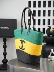 CC Coco Beach Maxi Shopping 58cm Bag Green Yellow Black Braided Raffia 162468
