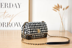 CC Flap Bag 20CM Houndstooth Tweed Black White Gold Hardware
