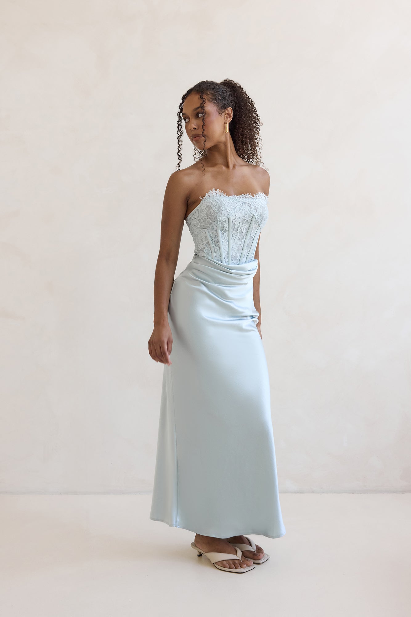 Away With You Satin Lace Strapless Maxi Dress Blue