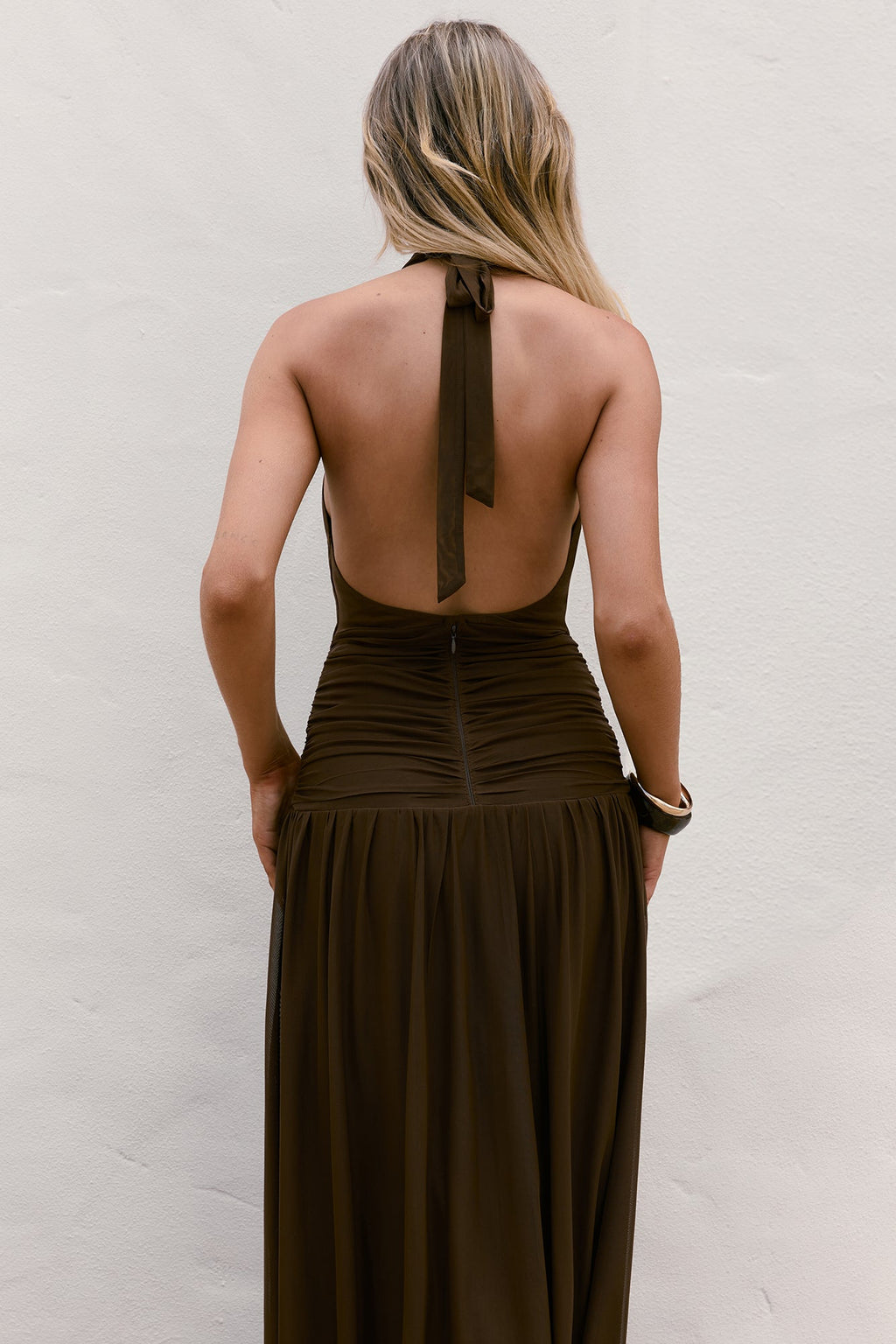 Robin Mesh Halter Maxi Dress Brown