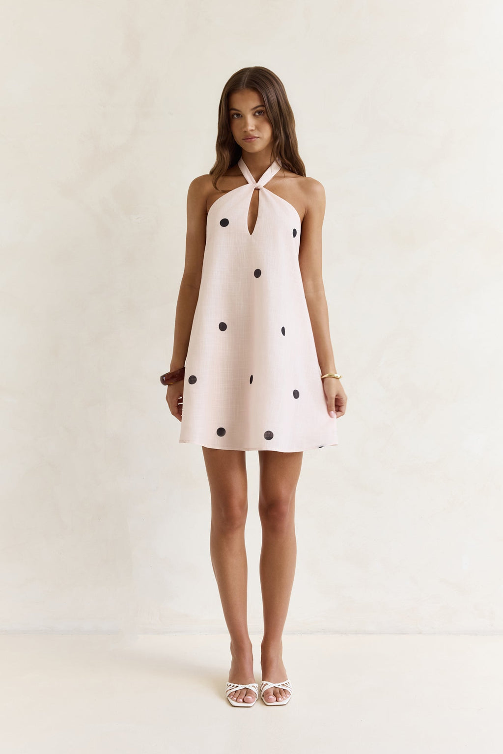 Faith In You Polka Dot Halter Mini Dress Beige