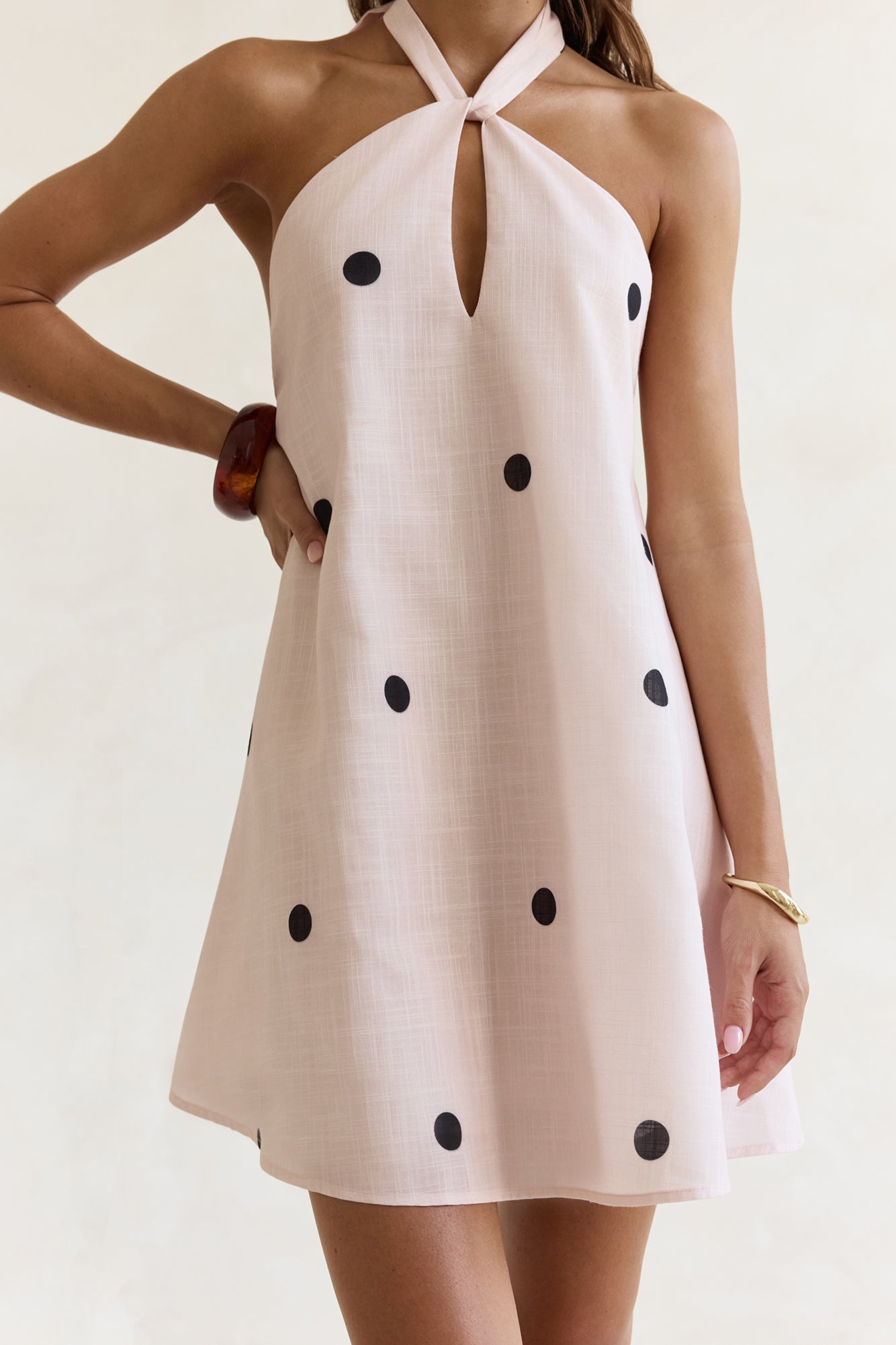 Faith In You Polka Dot Halter Mini Dress Beige
