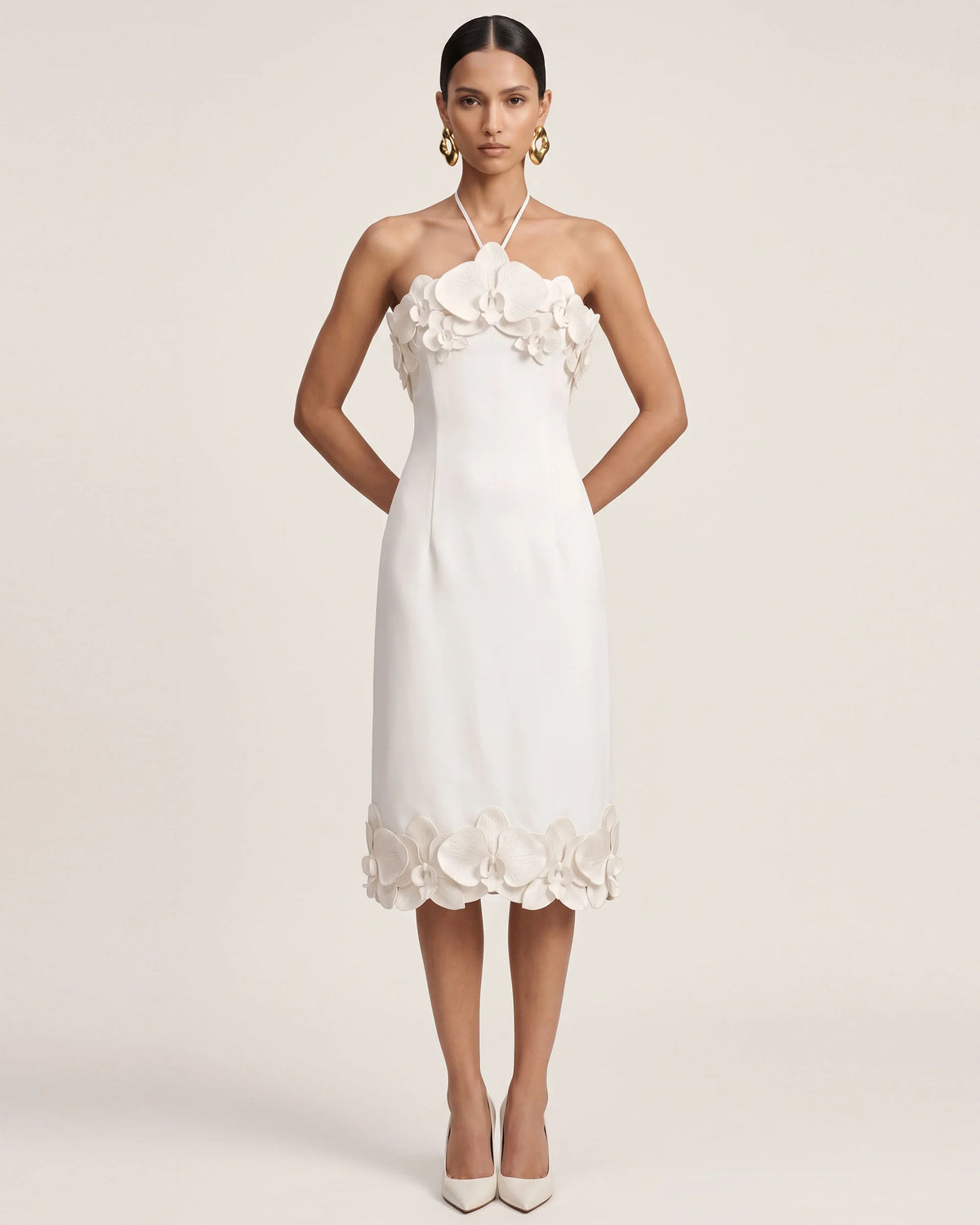 Orchid Embroidered Halter Midi Dress - White