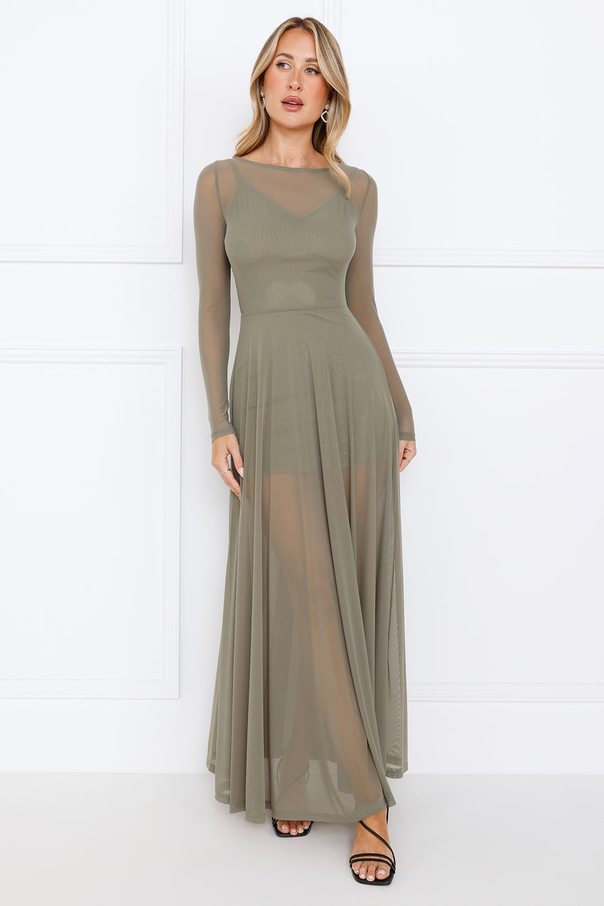 Champagne Streams Mesh Maxi Dress Olive