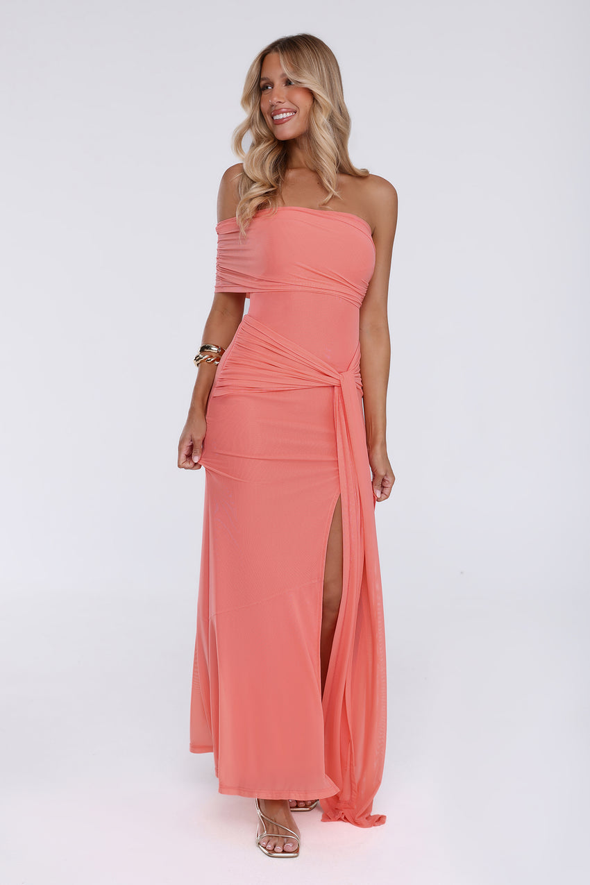 Flora Whisper One Shoulder Mesh Maxi Dress Peach