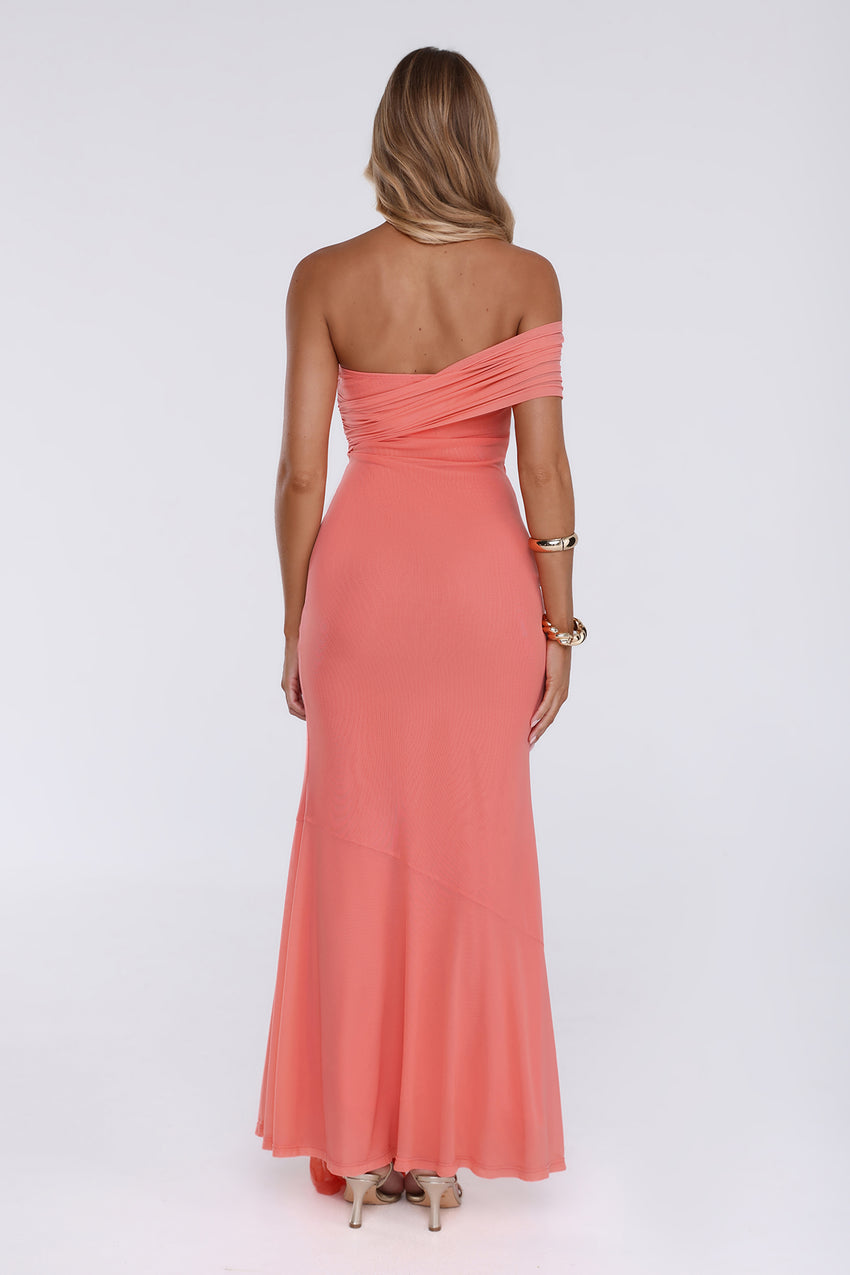 Flora Whisper One Shoulder Mesh Maxi Dress Peach