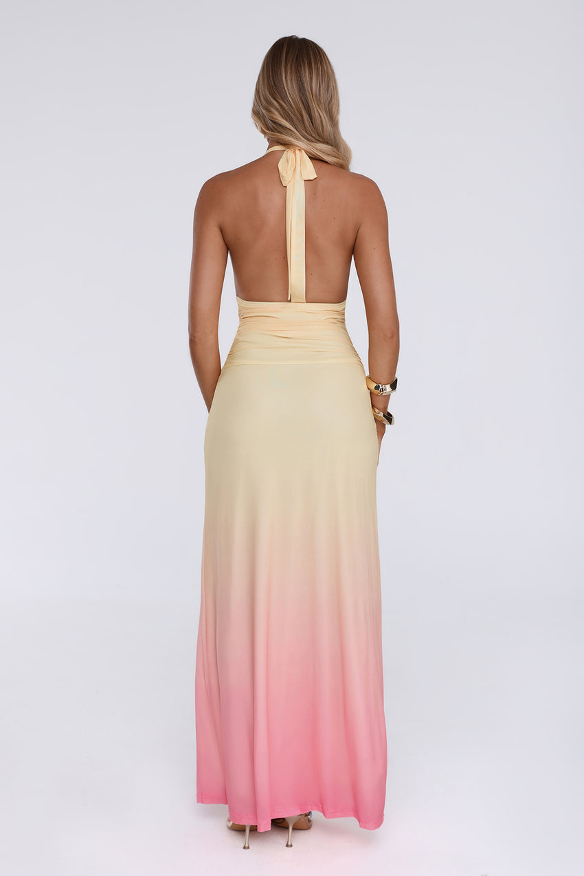 Glow Aesthetic Halter Mesh Maxi Dress Yellow