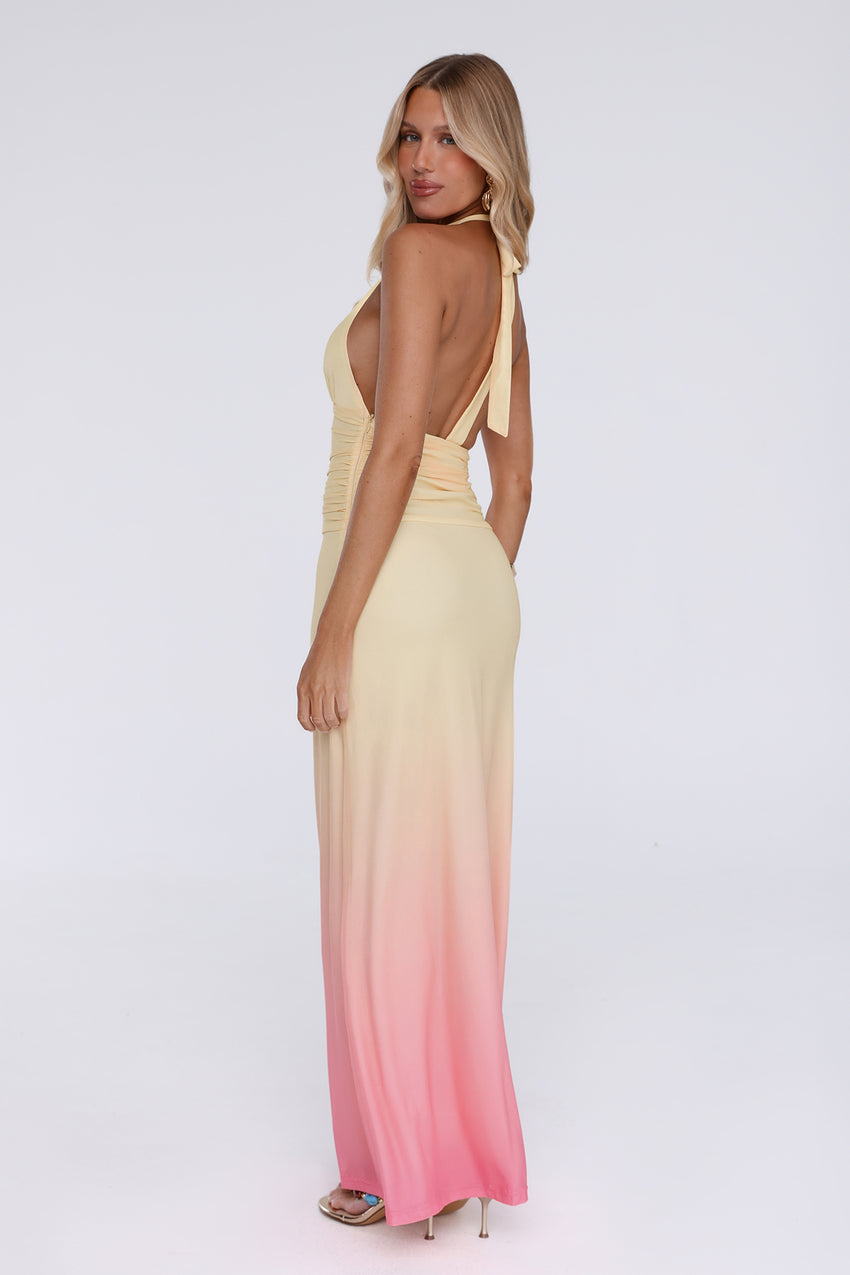 Glow Aesthetic Halter Mesh Maxi Dress Yellow