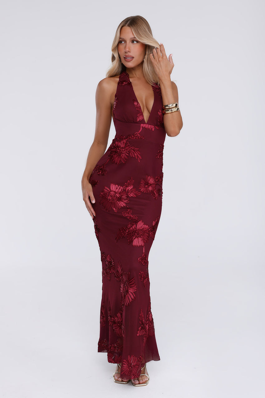 Lime Light Mesh Halter Maxi Dress Wine
