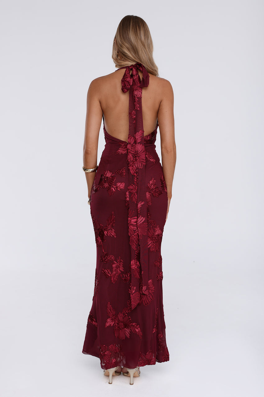 Lime Light Mesh Halter Maxi Dress Wine
