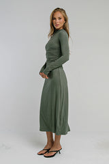 Ruth Ruched Midi Dress in Olive