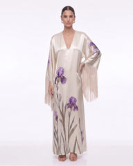 Iris Print Fringe Sleeve V-Neck Maxi Dress - Champagne