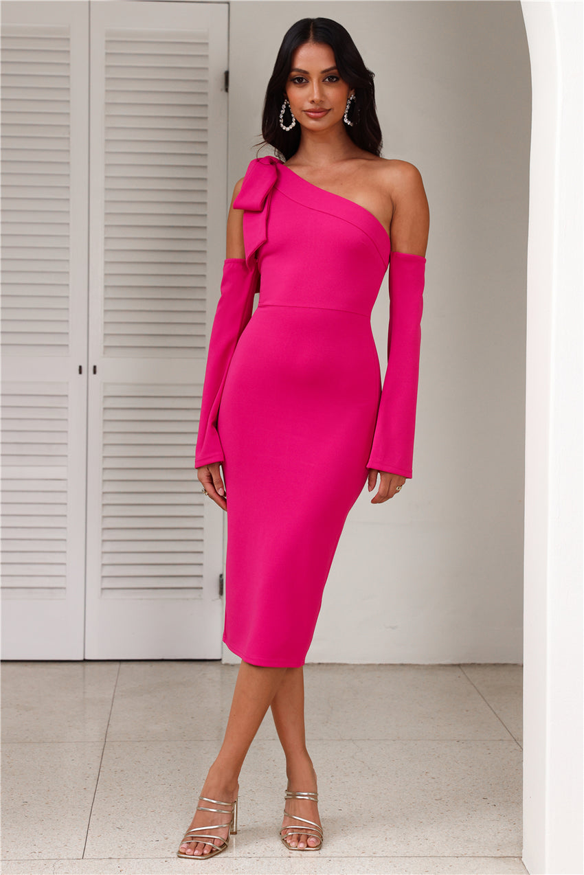Fine Night Out Long Sleeve Midi Dress Fuchsia