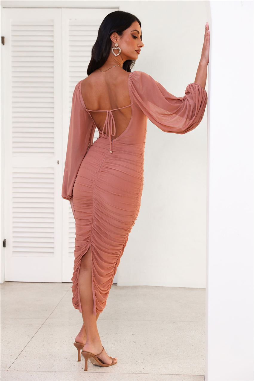 Move To The Music Long Sleeve Mesh Midi Dress Chocolate