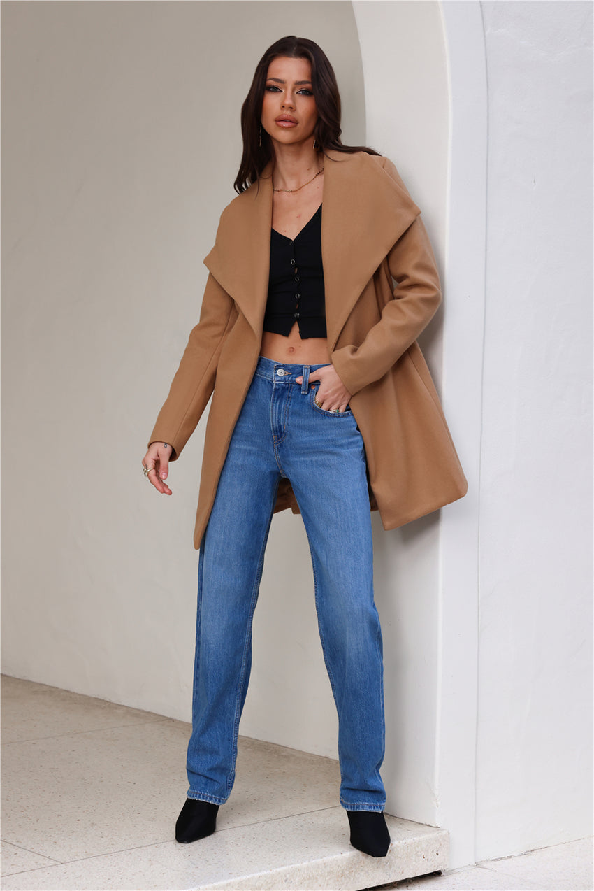 French Winter Wide Collar Wrap Coat Tan