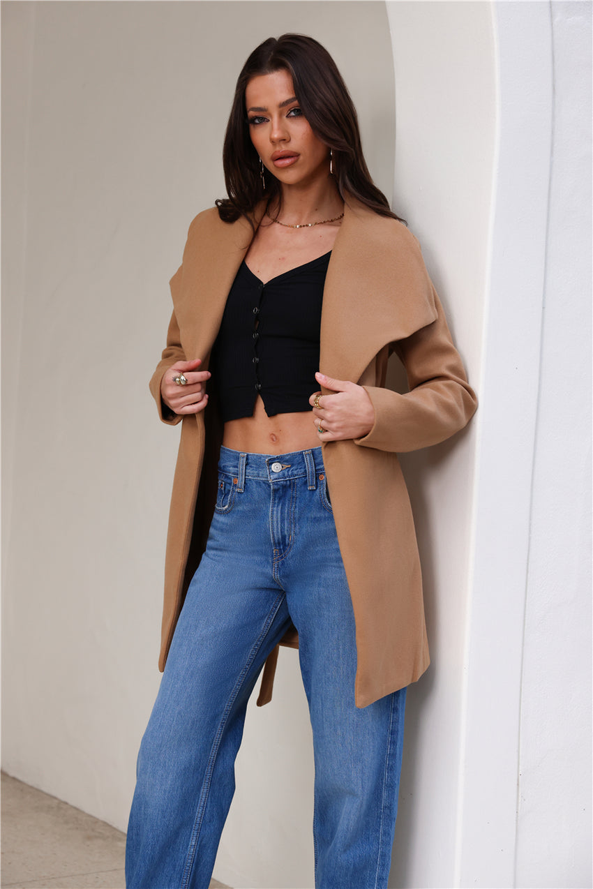 French Winter Wide Collar Wrap Coat Tan