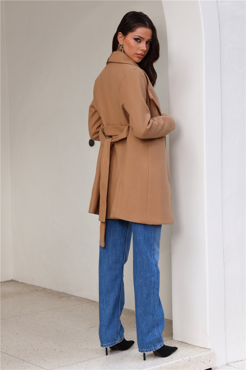 French Winter Wide Collar Wrap Coat Tan