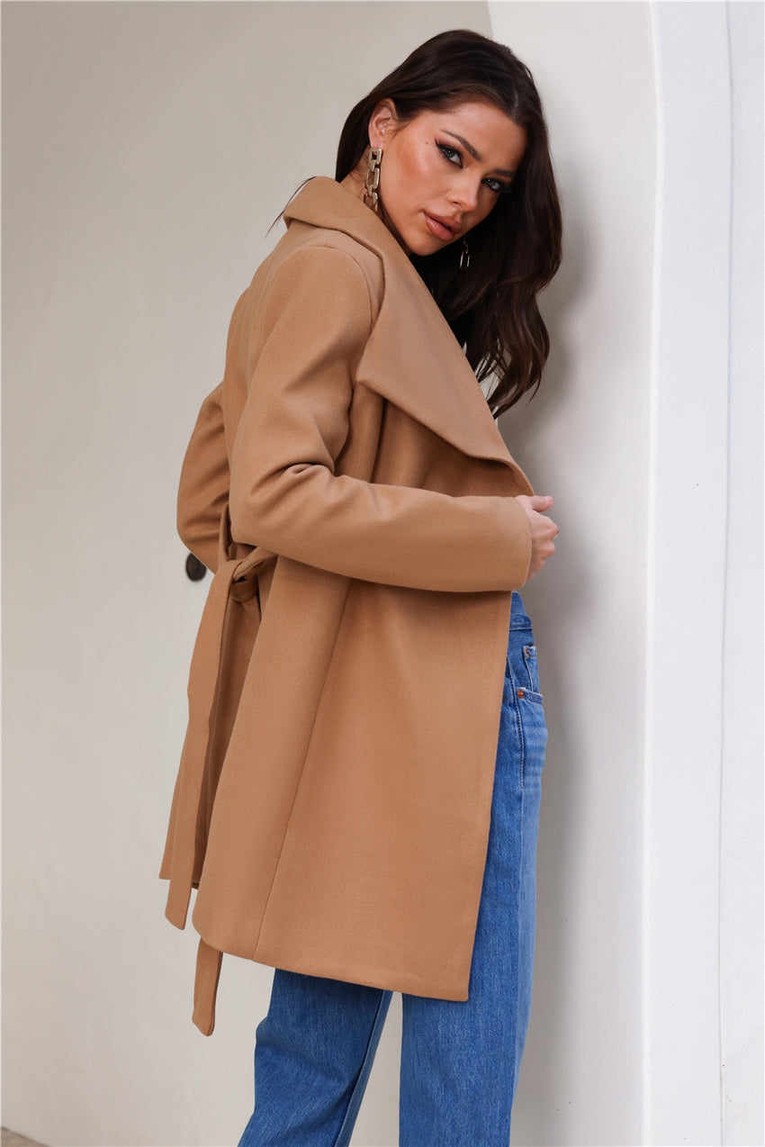 French Winter Wide Collar Wrap Coat Tan