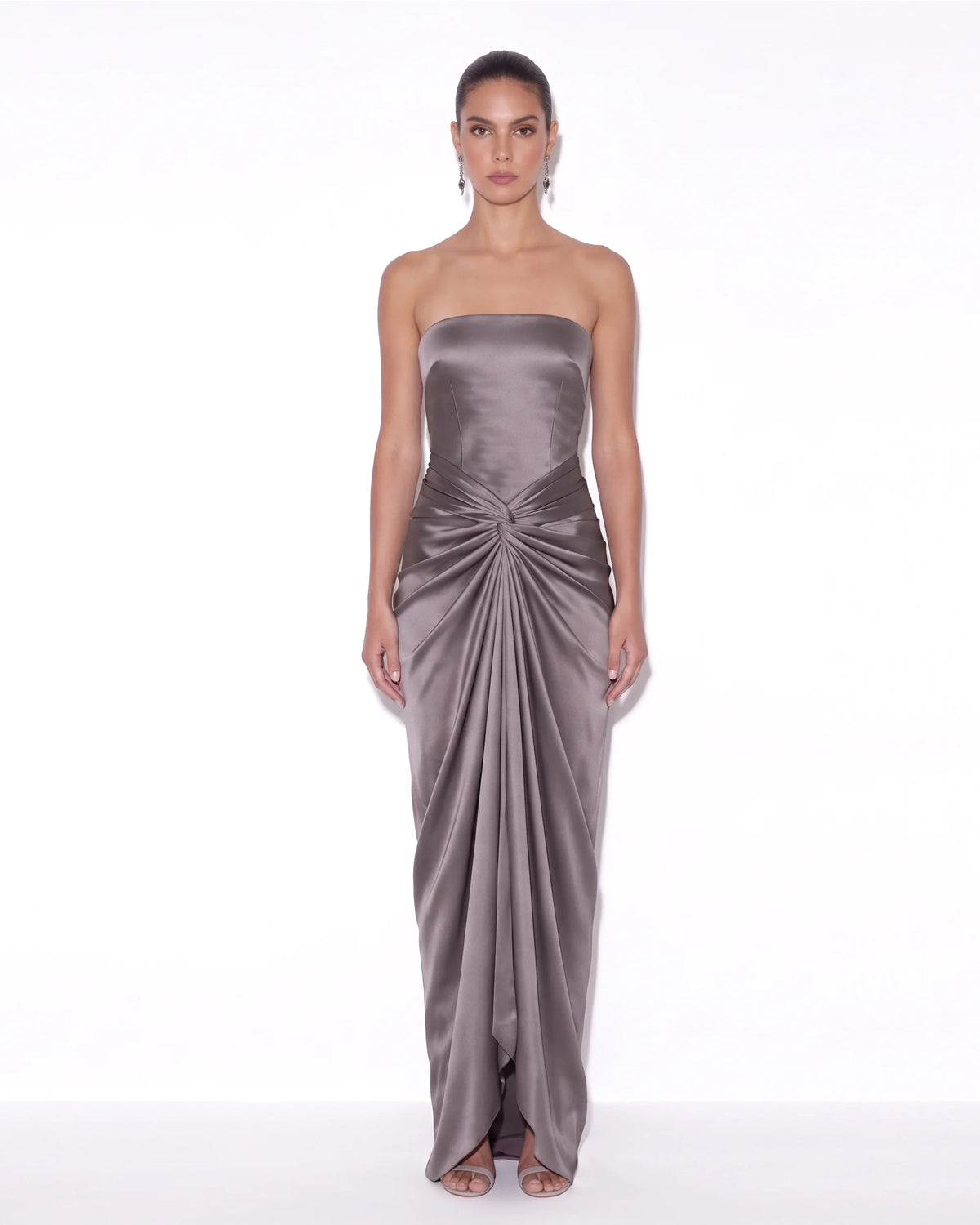 Satin Strapless Ruched Draped Maxi Dress - Mauve