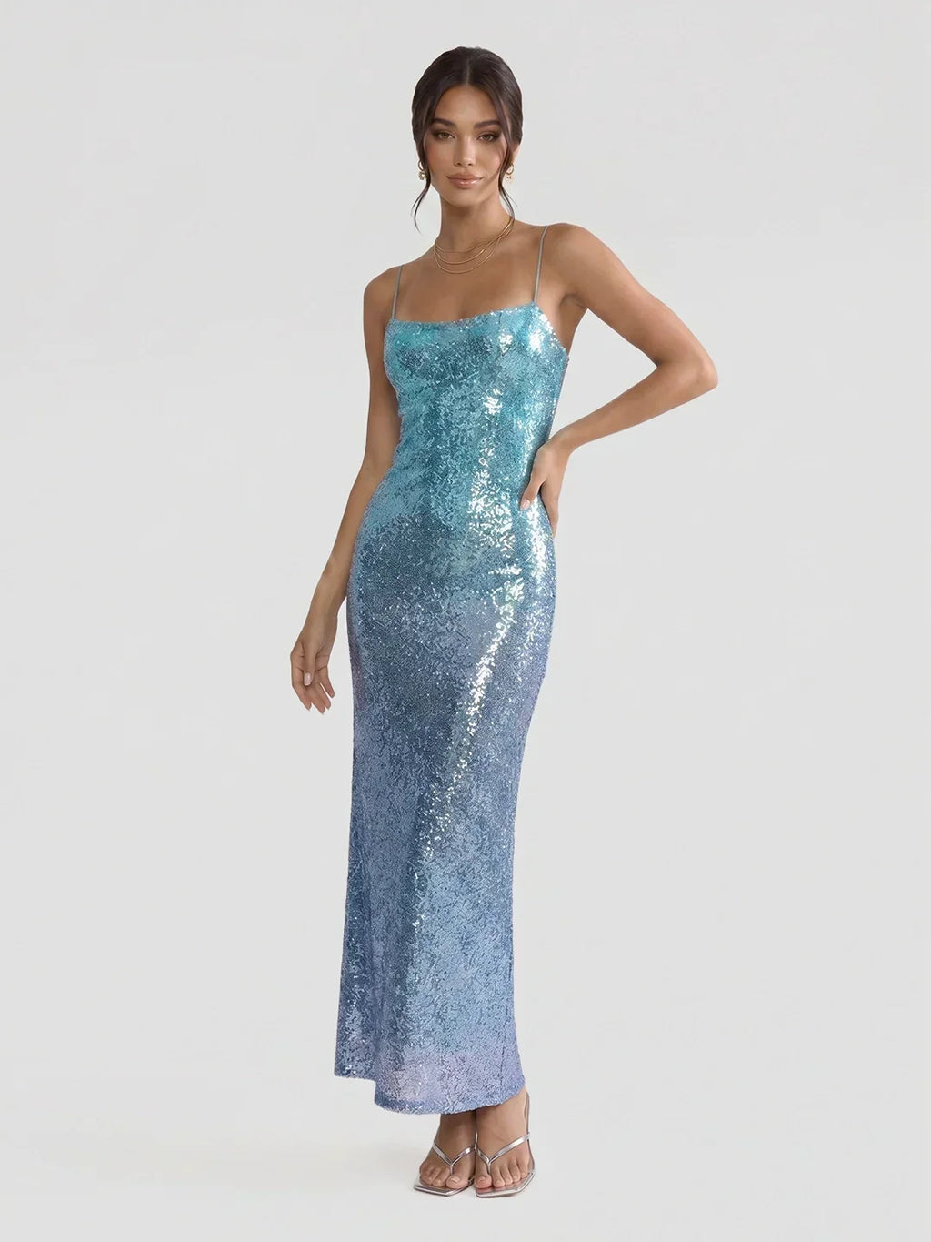 Gradient Ocean-Hued Sequin Maxi Dress