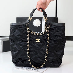 CC 22P  Maxi Shopping Bag Black Nylon with Grosgrain