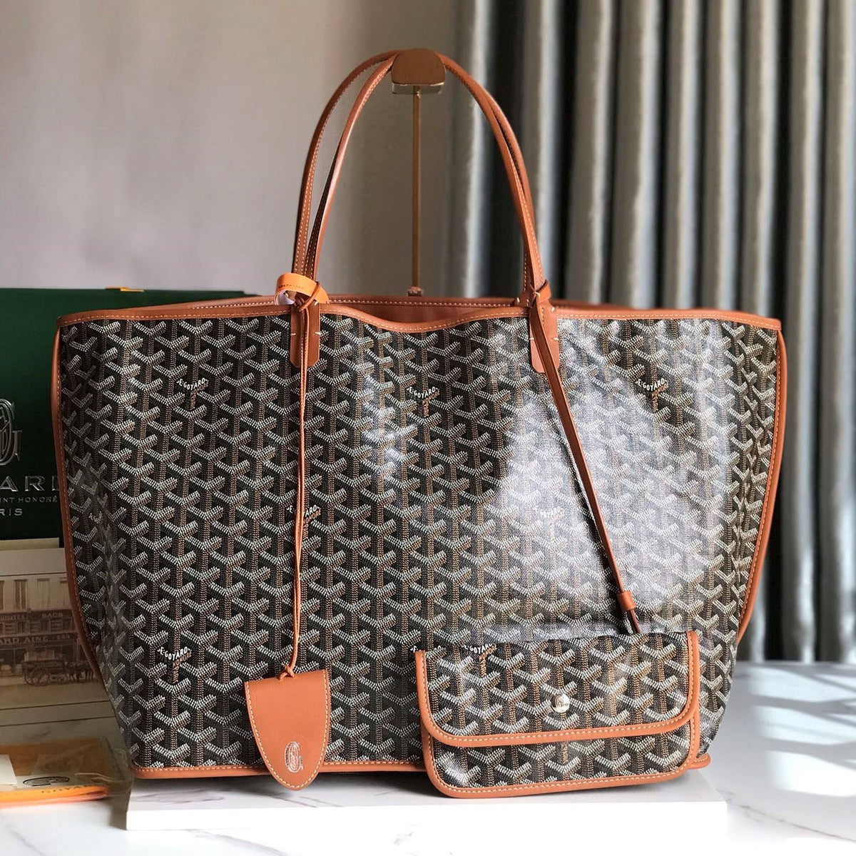 Goyard Anjou GM Bag 39cm Black Brown Calfskin Goyardine Canvas 290821