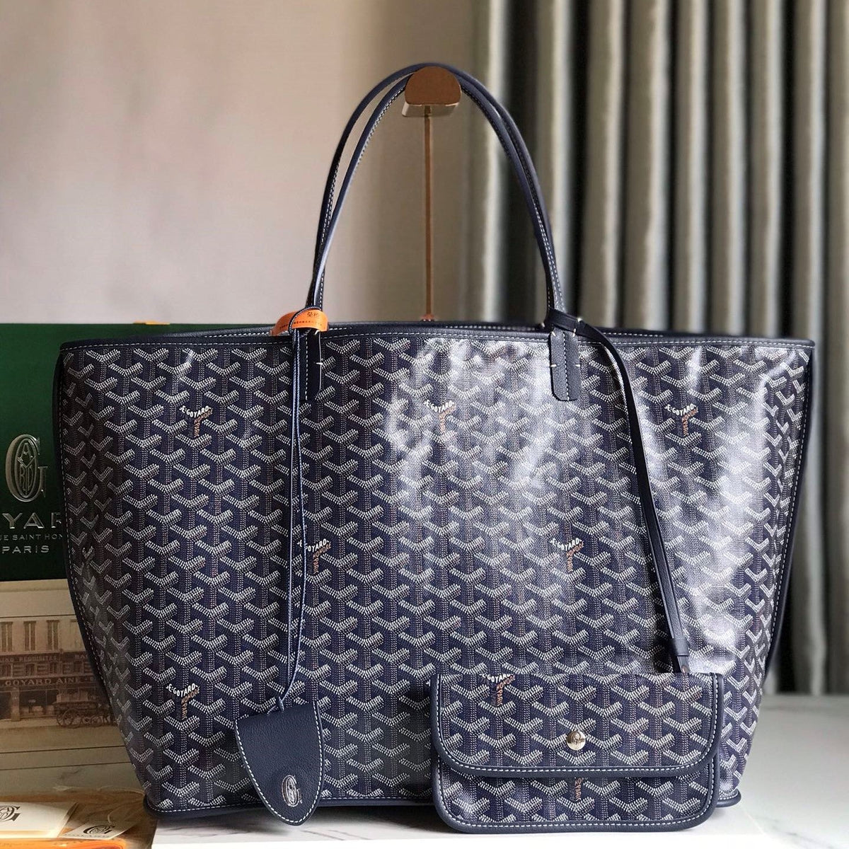Goyard Anjou GM Bag 39cm Dark Blue Calfskin Goyardine Canvas 290819