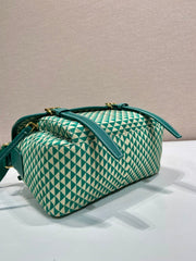 MESSENGER BAG 25 IN FOREST GREEN MIX CREAM TRIANGLE PATTERN EMBROIDERED FABRIC