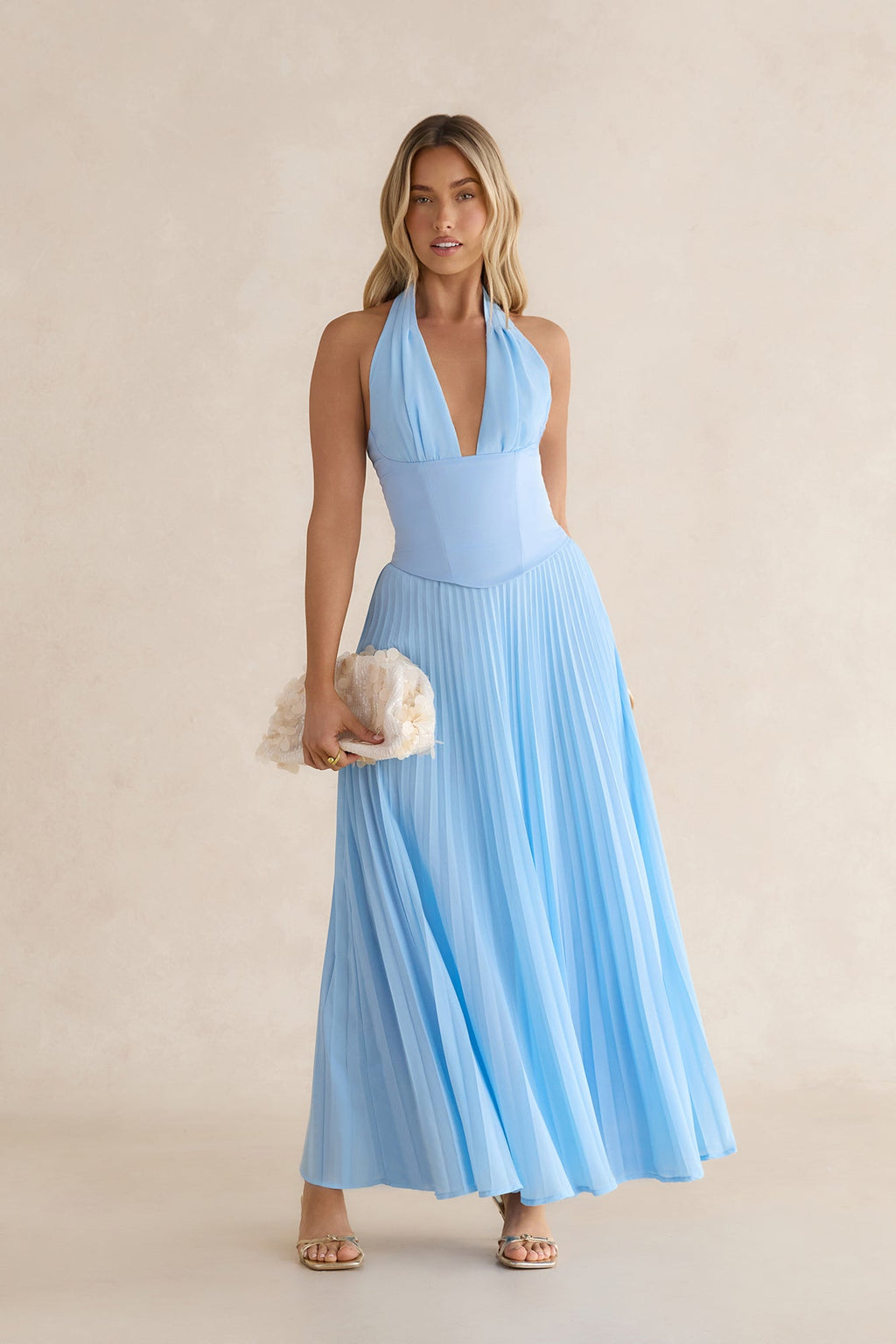 Paradise Falls Plisse Halter Maxi Dress Light Blue