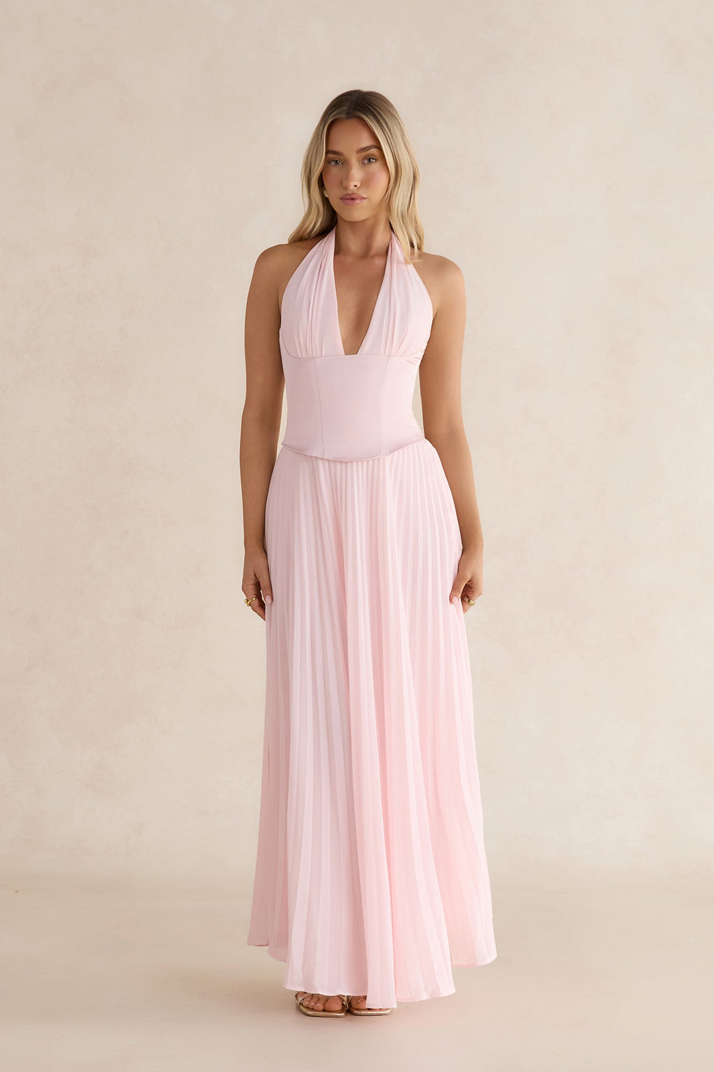 Paradise Falls Plisse Halter Maxi Dress Light Pink