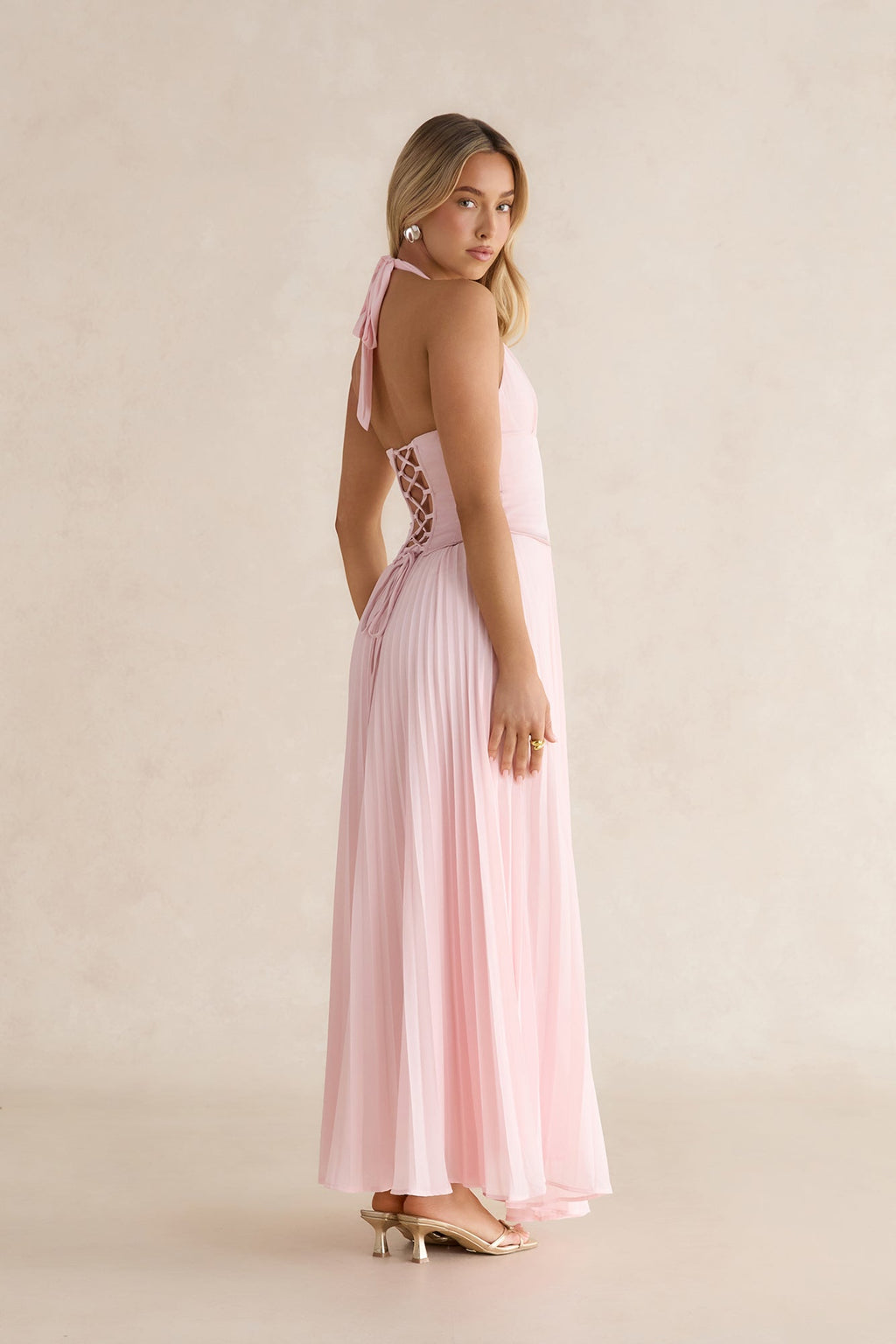 Paradise Falls Plisse Halter Maxi Dress Light Pink