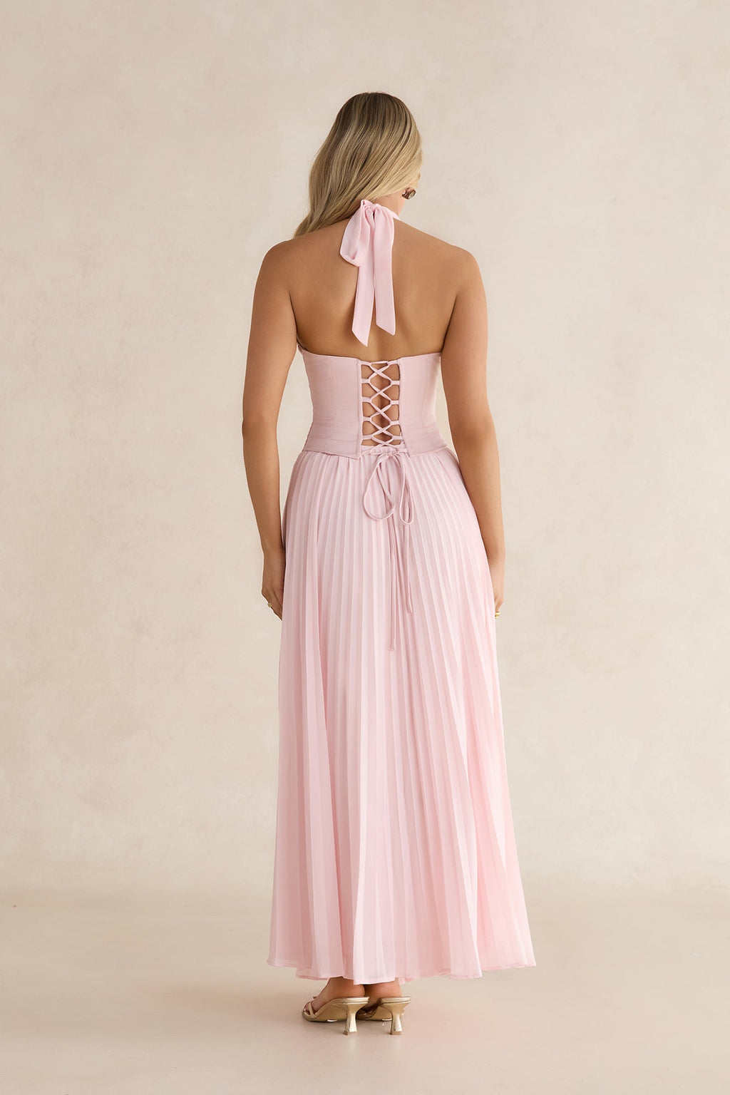 Paradise Falls Plisse Halter Maxi Dress Light Pink