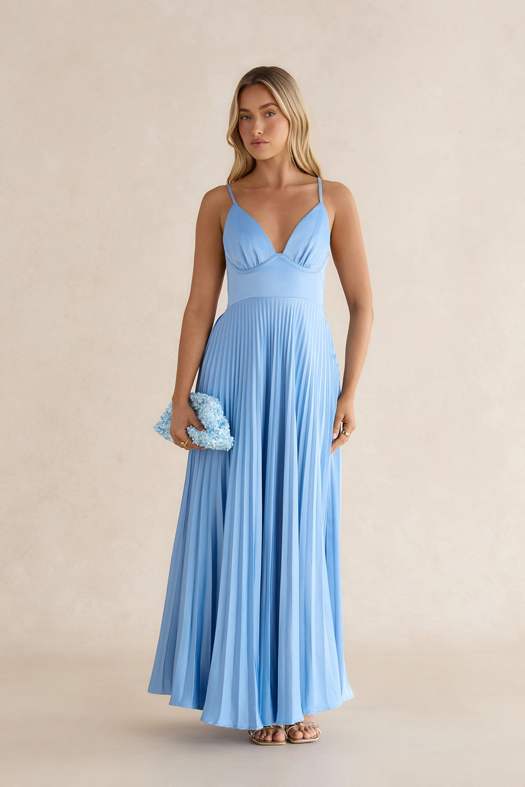 Ray Of Sunlight Plisse Satin Maxi Dress Blue