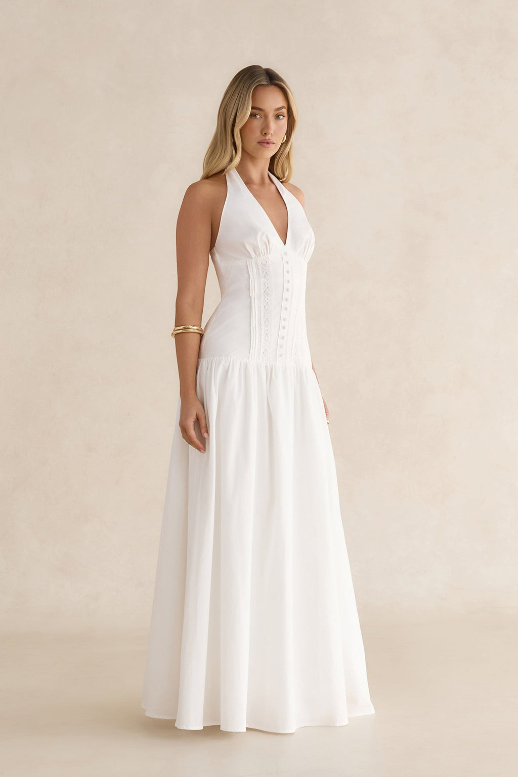Seaside Gleam Halter Maxi Dress White
